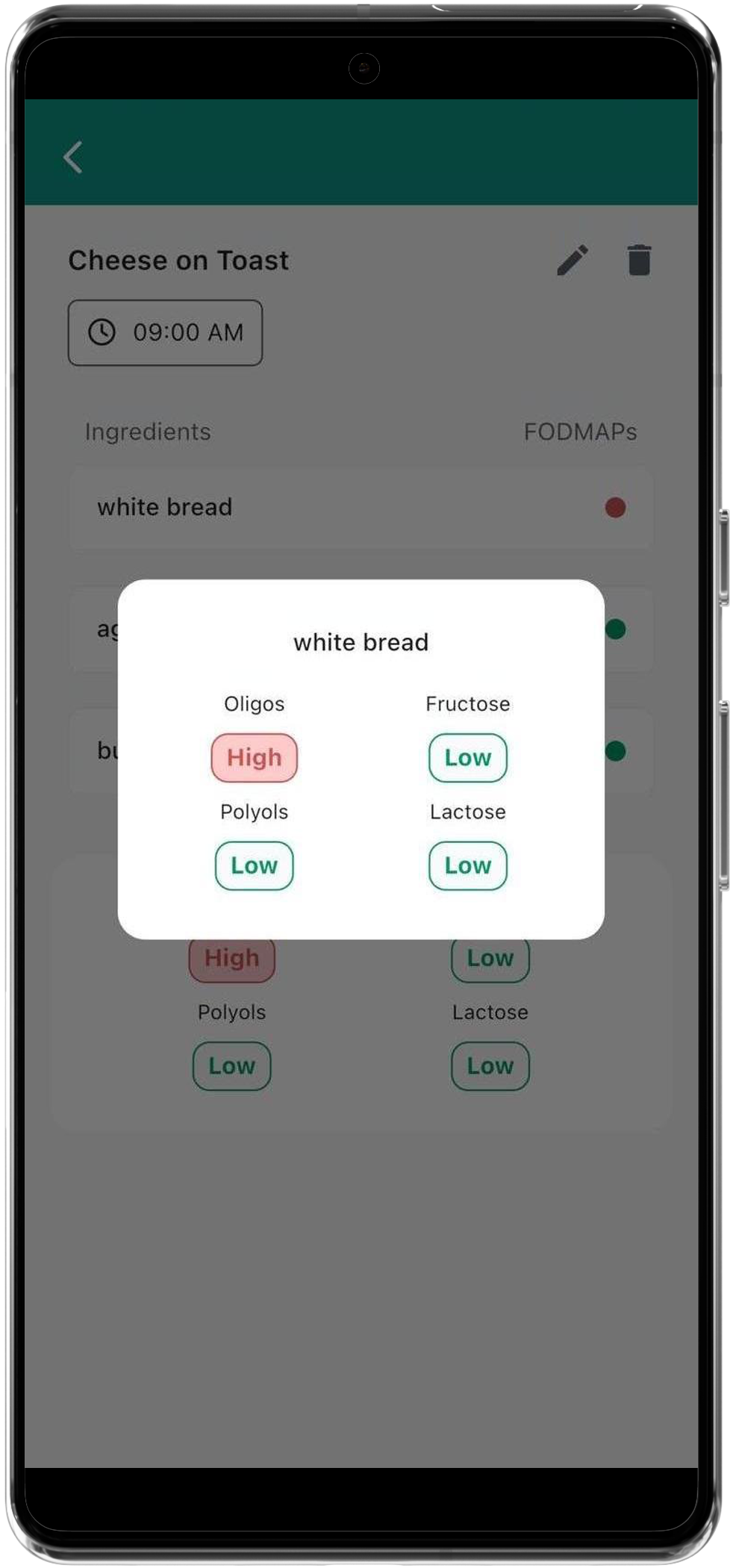 GutDiaries FODMAP detail view showing per-ingredient FODMAP levels