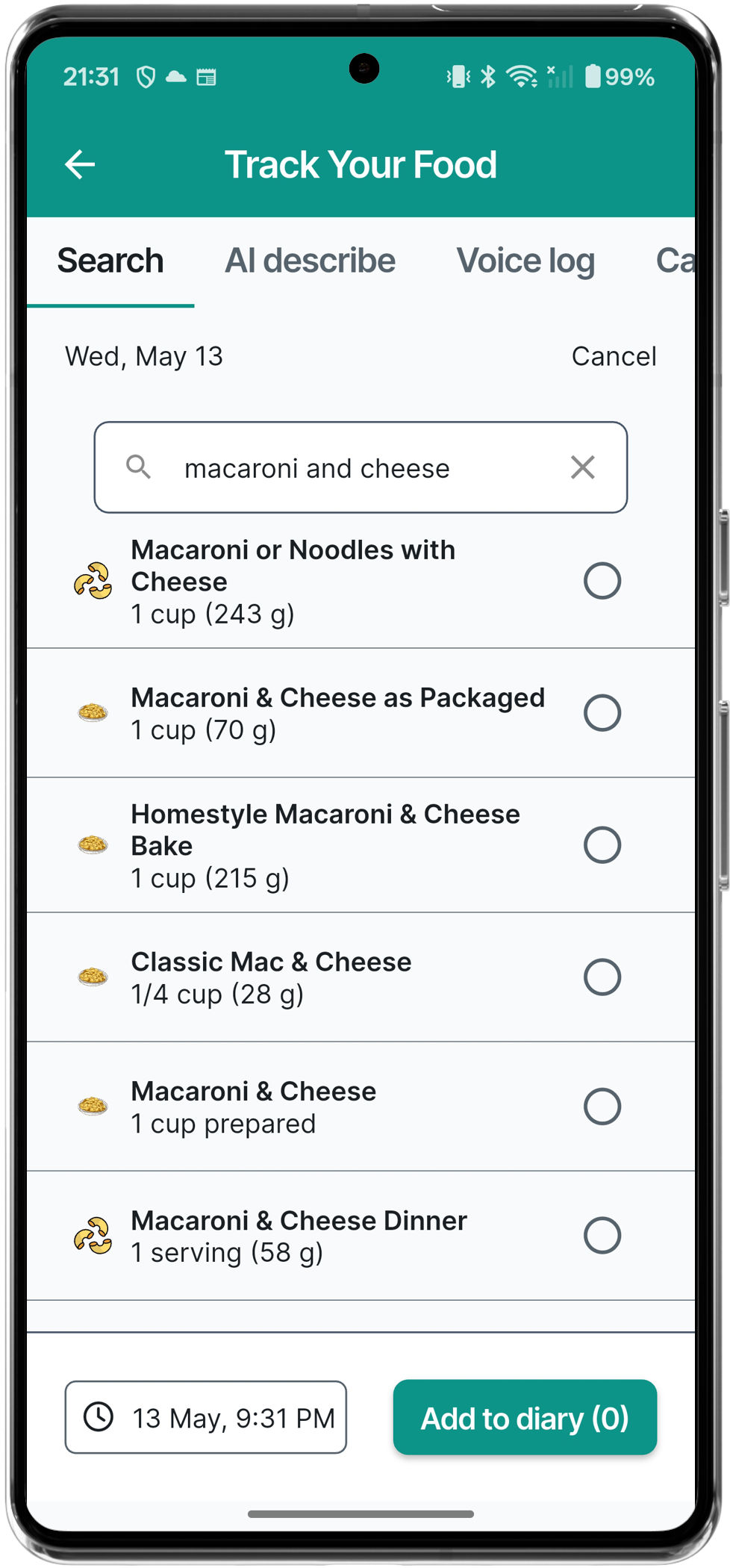 GutDiaries Track Your Food screen showing search, AI describe, and voice log options
